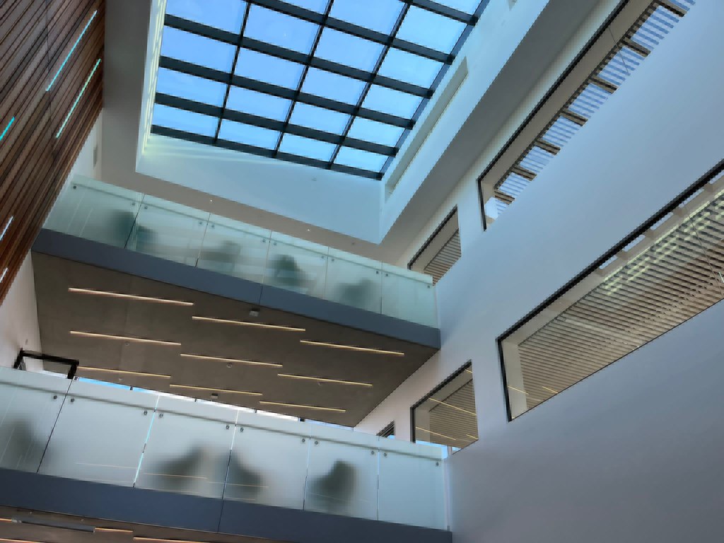 Detail of the modern interior of London Southend Airport, featuring clean architectural lines and bright natural lighting