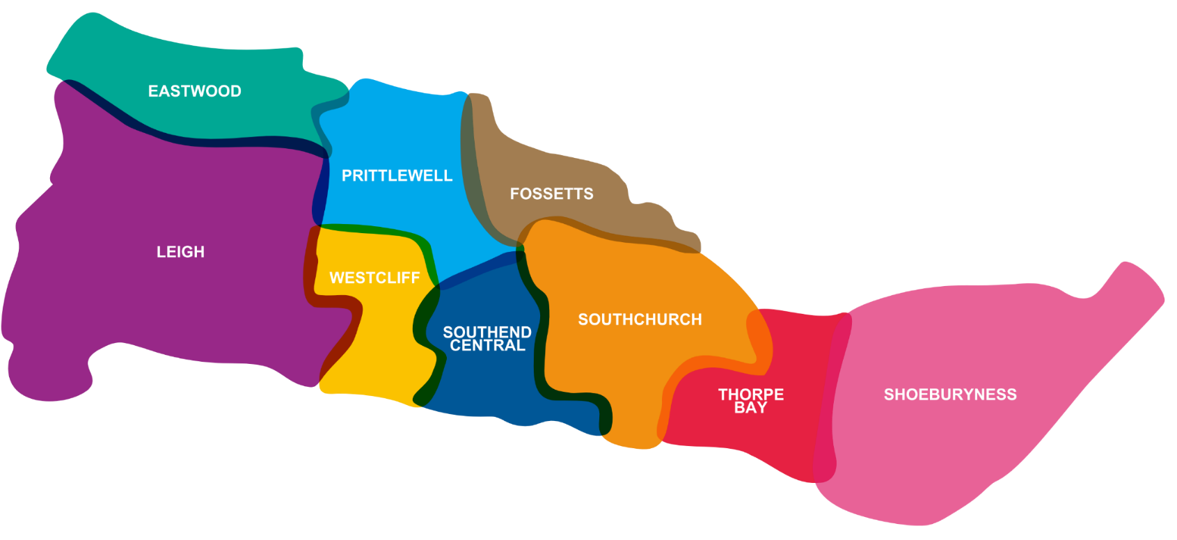 Map showing the neighbourhoods of Southend.
                         From West to East: Eastwood, Leigh, Prittlewell, Westcliff, Fossets, Southend Central, Southchurch, Thorpe Bay, Shoeburyness.