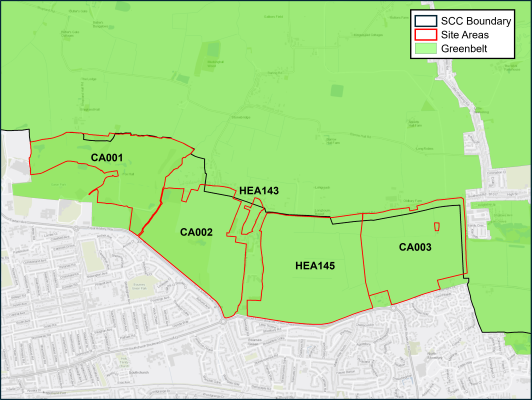 Map showing land designated as Green Belt, an existing golf course, areas of high-grade agricultural land, limited public rights of way, potential mineral or brickearth deposits, and existing hedgerows.