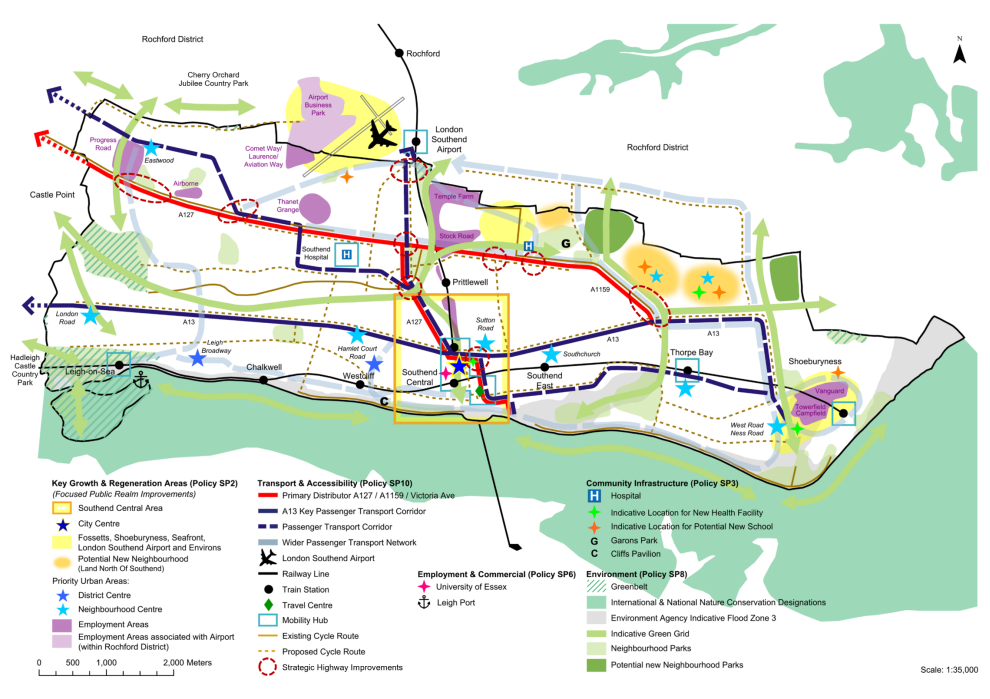 Key Diagram with potential neighbourhood on land north of Southend is a spatial representation of the draft policies including policy designations and site allocations shown in the plan, which also includes the option of a new neighbourhood.
