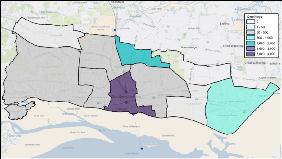 Distribution of new homes to 2040 (Planning Permissions plus allocations plus opportunity sites); map shows areas of the city with numbers of dwellings expected to be delivered under the categories mentioned; Eastwood, Thorpe Bay and Green Belt land less than 50; Shoeburyness between 500 and 1000; Fossetts between 1000 and 2000; and Southend City Centre between 3000 and 4000 dwellings.