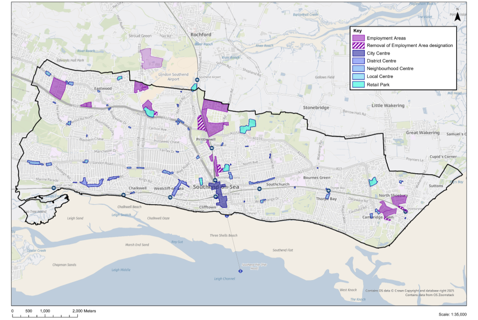 Employment, Retail and Commercial Centres, and Retail Parks; map showing the location of commercial centres which are concentrated along A13, the city centre and Leigh Broadway; and the industrial and business areas which are concentrated along the A127 and around the railway stations in Shoeburyness, Southend and Prittlewell.