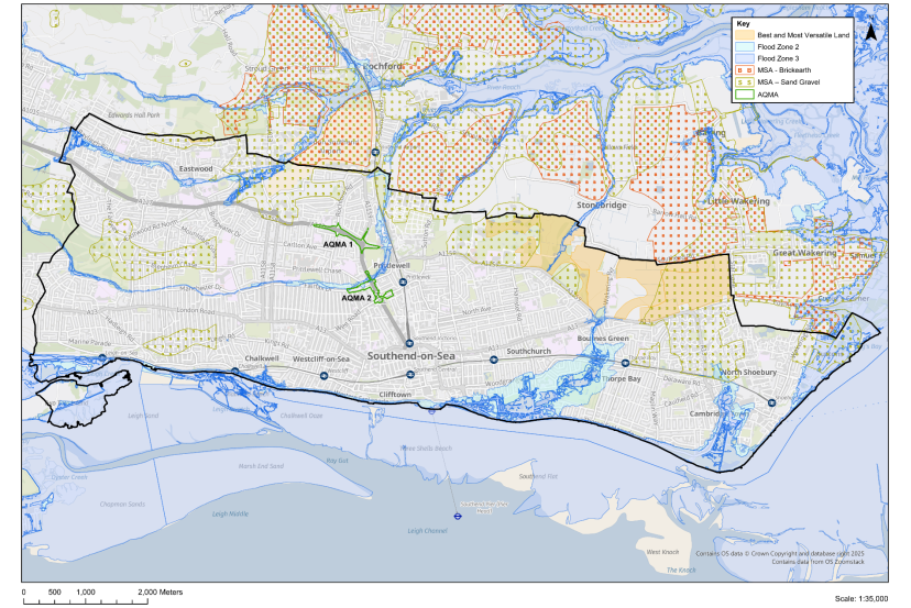 Climate Change and Environmental Protection identifies the areas of flood risk in Southend; the air quality management areas; agricultural land and safeguarded areas for potential mineral deposits.
