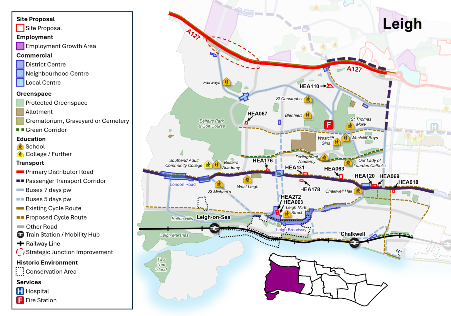 Map showing site proposals, transport network and key services.