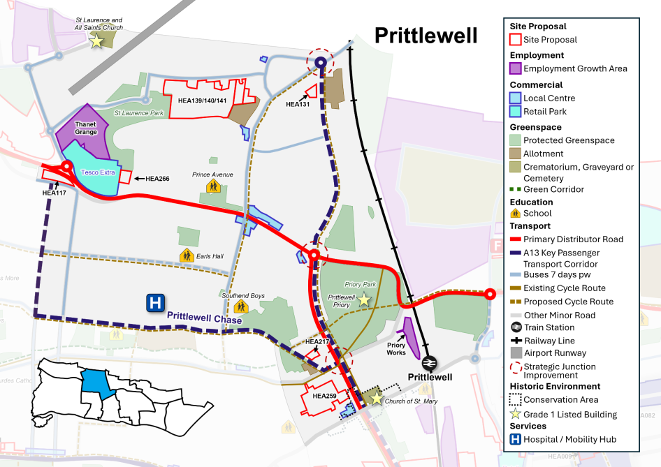 Map showing site proposals, transport network and key services.