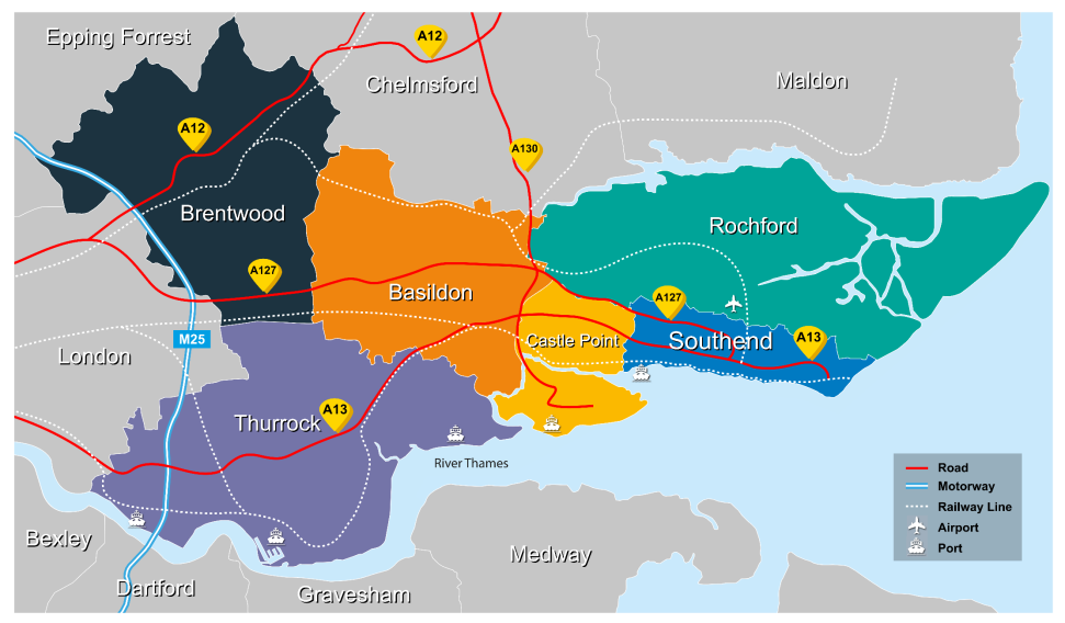 Southend Context within South Essex shows the main road and rail networks in South Essex, ports and airports.