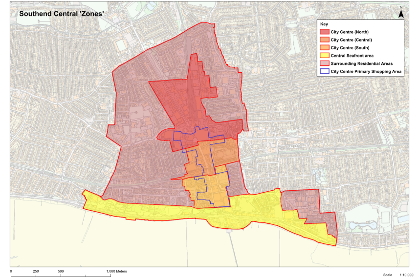 Map which identifies the city centre north; city centre central; city centre south; central seafront area and city centre primary shopping area.