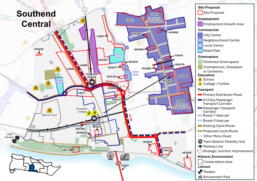 Map showing site proposals, transport network and key services.