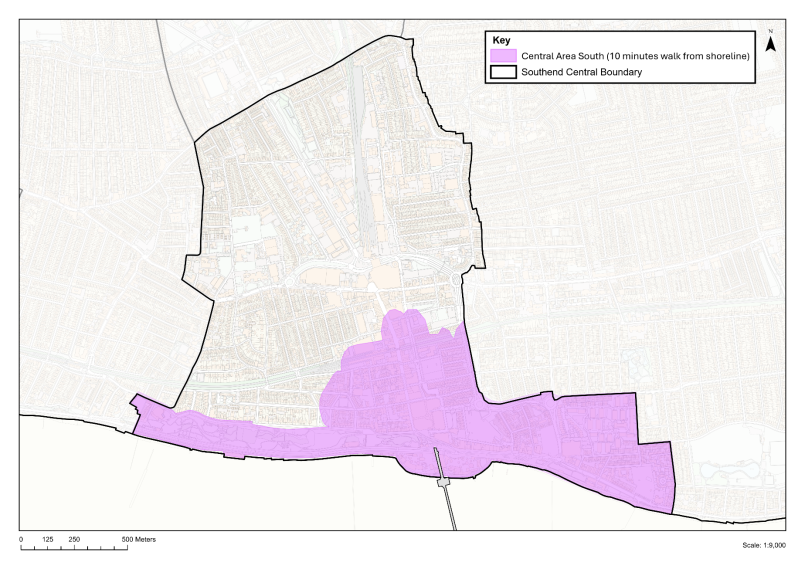 Map highlighting the Southend Central Boundary and Central Area South in Southend-on-Sea.