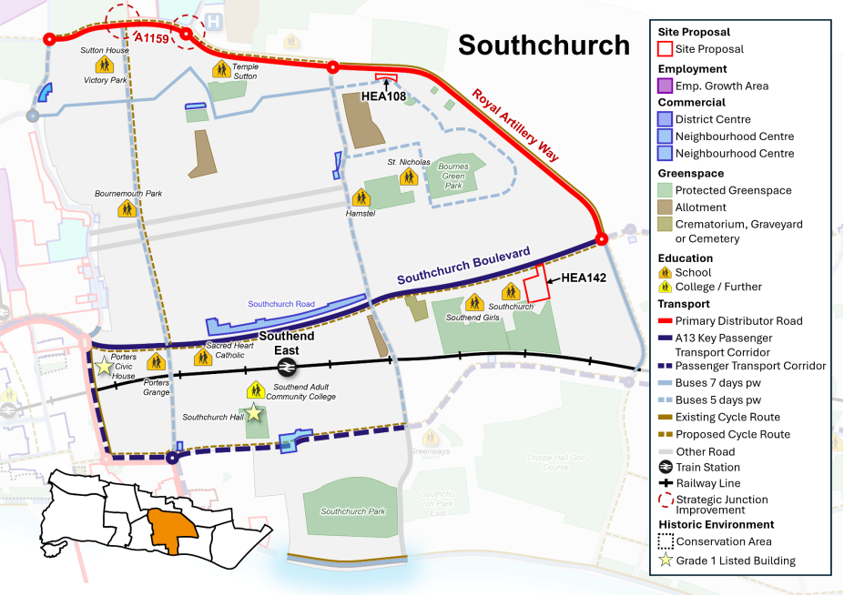 Map showing site proposals, transport network and key services.