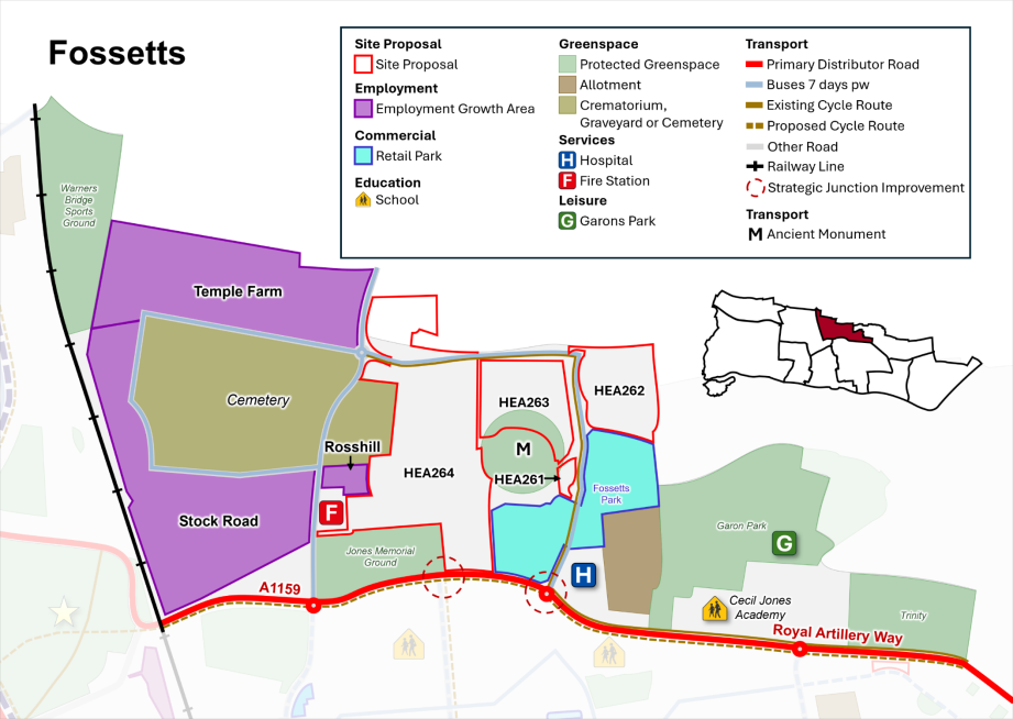 Map showing site proposals, transport network and key services.