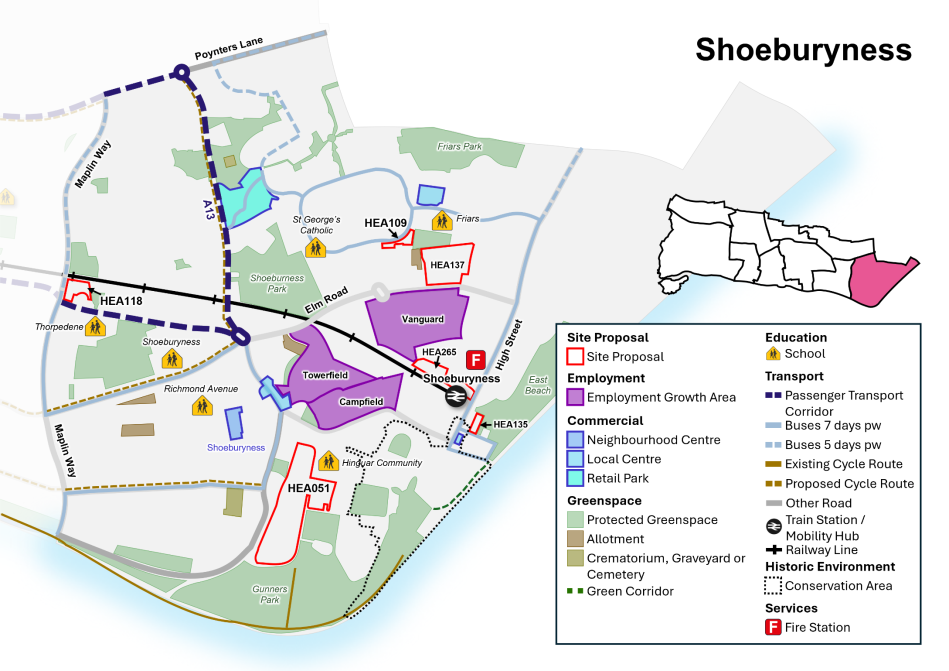 Map showing site proposals, protected greenspace, transport network and key services.