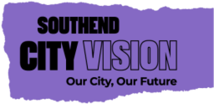 Promotional graphic with black text on a purple background reading 'Southend City Vision: Our City, Our Future'